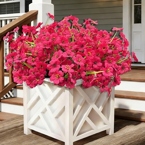 20 Bundles Fuchsia Artificial Flowers for Outdoors, UV Resistant Fake Flowers with Plastic Plants for Outside , Faux magenta Silk Flower for outdoor Planters ,Hot Pink Realistic Plant Decor-Rosy by Satefello