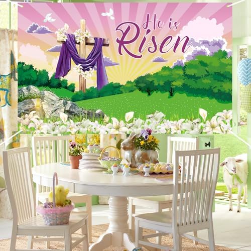 Large He is Risen Easter Banner Decorations Flag Outdoor 72x44 Inch, Cross Sign Christian Jesus Lily Flowers Banner for Indoor Home House Decor Party Supplies, Spring Yard Sign Background for Photography - Image 5