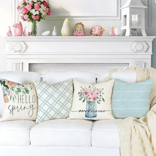 RABUSOFA Spring Summer Pillow Covers 20x20 Inch Set of 4 Waterproof Outdoor Spring Summer Decorations for Home,Blue Farmhouse Decor Throw Decorative Pillows for Couch Patio - Image 6