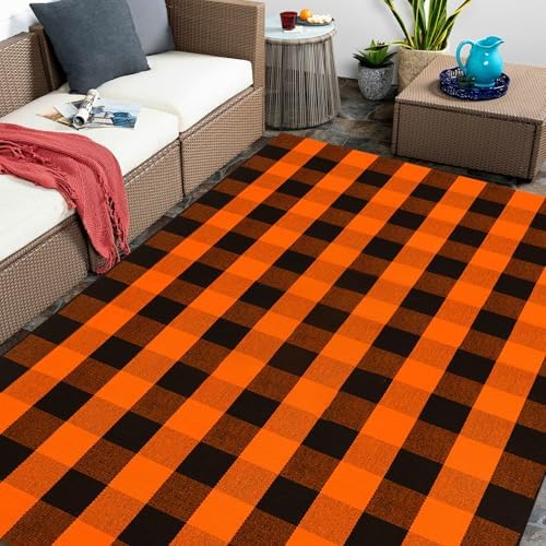 Fall Outdoor Rug Orange Buffalo Plaid Outdoor Rug Cotton Hand-Woven Buffalo Check Rug Layered Doormats for Front Door/Front Porch/Farmhouse/Entryway/Patio - Image 4