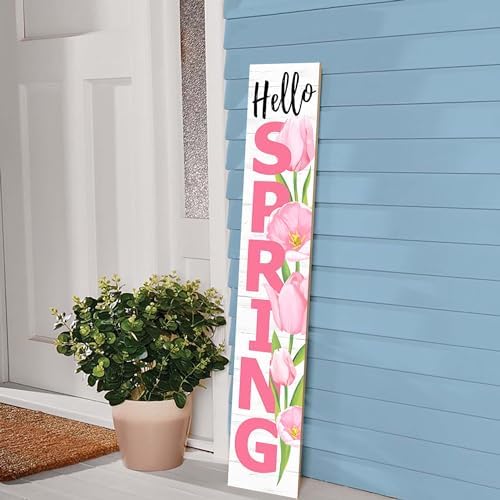 Hello Spring Porch Sign Tulip Wooden Welcome Sign Vertical Spring Hanging Signs For Standing Front Porch Decor Rustic Wall Decor Home Farmhouse Yard Door Spring Decorations 47.2"H - Image 2