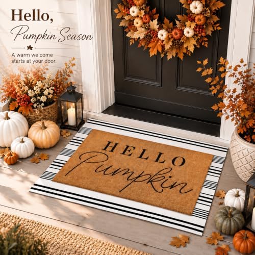 Tinideya 2 Pcs Hello Pumpkin Layered Doormat Set with Stripe Rug - Image 3