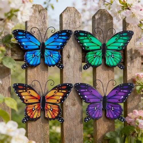 hogardeck Metal Butterfly Wall Decor, 4 PCS Multicolor Butterfly Spring Decor for Indoor Outdoor, Decorative Hanging Wall Art for Kitchen, Living Room, Porch, Garden, Yard by HOGARDECK
