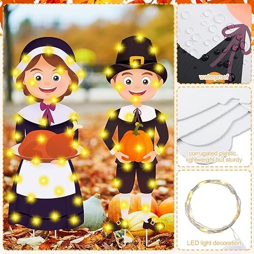 Soaoo 2 Pack Thanksgiving Pilgrim Couple Yard Signs with LED String Light Outdoor Fall Yard Decorations with Stakes Pumpkin Thanksgiving Lawn Garden Sign for Harvest Party Decorations, 32 x 12 Inch - Image 3