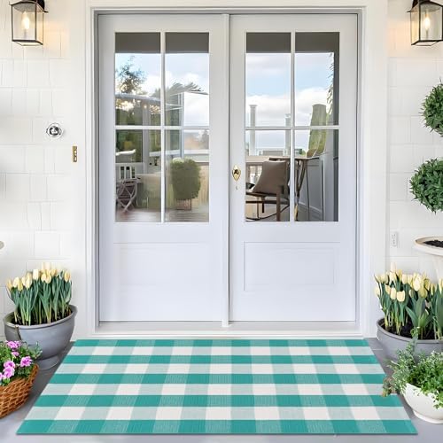Ckorzen Green and White Plaid Rug, 4' x 6' Spring Outdoor Front Porch Door Decor Mat, Washable Cotton Woven Farmhouse Area Rug for Layered Door Mats Carpet, Entryway, Easter Décor - Image 4