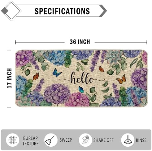 Welcome Spring Door Mat Hydrangea Flowers Floral Doormat Indoor Outdoor Entrance Outdoor Rug Low-Profile Floor Rug Non Slip Spring Summer Decor Rubber Mats for Home Decoration 17x36Inch - Image 3