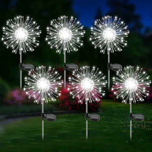 Solar Garden Lights Outdoor, 6 Pack 120 LED Twinkling Firework Lights Decorative with 2 Modes, Outdoor Waterproof Solar Starburst Light for Yard Pathway Planter Patio Decor, White by Unknown