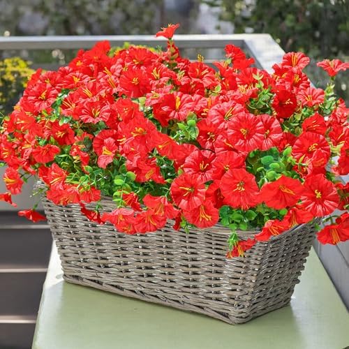 Artificial Flowers Fake Plants for Outdoors Decoration, 12 Bundles Red Silk Morning Glory with Eucalyptus Realistic UV Resistant Faux Flowers Greenery for Outside Planter Yard Garden Home Indoor Patio - Image 2