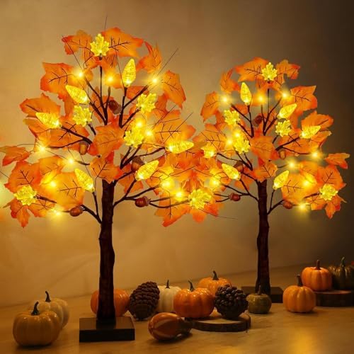 2 Pack 24 Inch Prelit Fall Maple Tree Decorations with 48 LEDs Timer Fall Battery Operated Lighted Artificial Pumpkin Acorn Light Up Maple Tree for Thanksgiving Harvest Table Home Indoor Decor by SURCVIO