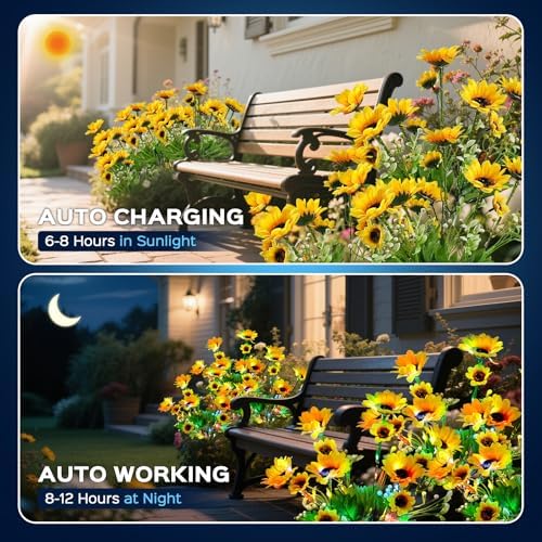 TANSOREN 4 Pack Solar Garden Lights Outdoor, Colorful LED Waterproof Solar Powered Sunflowers Landscape Lights for Outside Yard, Patio, Pathway Decorative, Décor, Gifts, Two Lighting Modes - Image 2