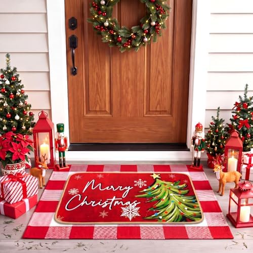 Tinideya 2 Pcs Christmas Door Mat Outdoor Whimsical Xmas Tree Front Doormat Nonslip Red and White Buffalo Plaid Layered Linen Rubber Xmas Rugs Merry Christmas Decor for Front Porch Entryway Outside by Tinideya