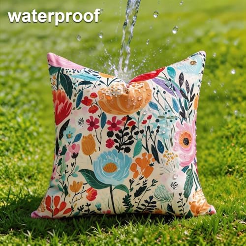 Outdoor Waterproof Throw Pillow Covers Set of 2 Floral Printed Blue Pink Orange Red Flower Pillowcase Farmhouse Outdoor Pillow Covers Square 18x18 Inch for Sofa Garden Patio Funiture Bench - Image 2