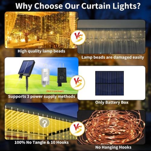 Solar Curtain Lights Outdoor Waterproof 10 * 10Ft 300LED Waterfall Light with 8 Modes Remote Rechargeable Dimmable Hanging Twinkle Fairy String Lights for Outside Christmas Gazebo Party Wedding - Image 2