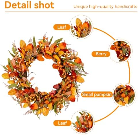 Pinkpum 22" Fall Wreath for Front Door Pumpkin Artificial Wall Decor Autumn - Image 3