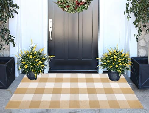 Khaki White Checkered Outdoor Rug 24"x51"Cotton Washable Farmhouse Doormat - Image 7
