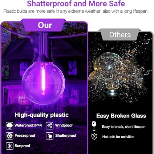 LAMPHOME G40 LED Outdoor Halloween String Lights, 2 Pack 26FT Patio Lights with 12+1 Edison Shatterproof Bulbs(1 Spare), Connectable Outside Lights for Backyard Porch Halloween Christmas Decor, Purple - Image 3