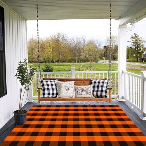 Fall Outdoor Rug Orange Buffalo Plaid Outdoor Rug Cotton Hand-Woven Buffalo Check Rug Layered Doormats for Front Door/Front Porch/Farmhouse/Entryway/Patio - Image 2