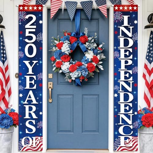 71 x 12 Inches 250th Anniversary Independence Day Door Banner, Red White Blue Stars and Fireworks Patriotic Porch Sign for 4th of July, Front Door Wall Decoration, Outdoor Indoor USA 250 Years Decor - Image 4