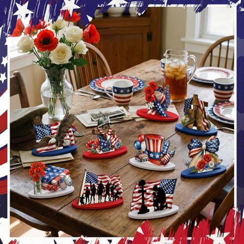 Amyhill 12 Pcs Independence Day Table Decorations Wooden Tabletop Centerpiece Wooden Table Sign for Tiered Tray Fiesta Carnival Party - Image 4