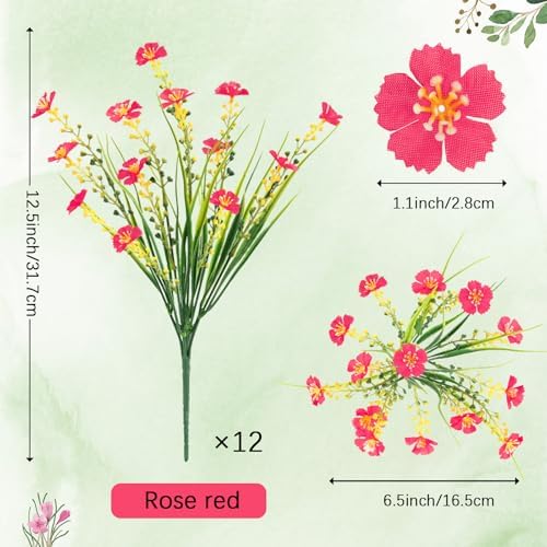 12 Bundles Artificial Flowers Outdoor UV Resistant Faux Plants (Rose Red) - Image 4