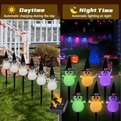 BRIGHTDECK Halloween Solar Pathway Lights Outdoor, LED Decor, Light Up Solar Stake Lights for Holiday, Halloween, Walkway, Sidewalk (Multicolor Hat Ghost, 6-Pack) - Image 7
