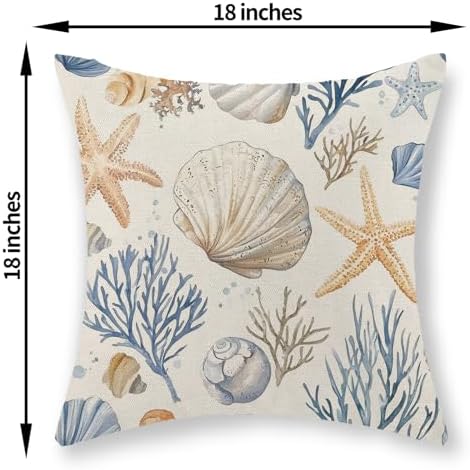 Coastal Pillow Covers 18x18 Inch Set of 2 Blue Ocean Nautical Starfish Pillow Covers Summer Outdoor Beach Coral Shell Decorative Pillow Cases Linen Square Cushion Cover Decor for Couch Sofa - Image 2