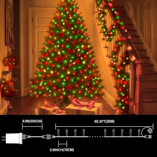 LAMPHOME 66FT 200 LED Christmas String Lights, Red Green & Warm White Fairy Lights, 16 Lighting Modes Plug in Waterproof Mini Lights, Indoor Outdoor Xmas Tree Garden Patio Wedding Party Bedroom Decor - Image 4