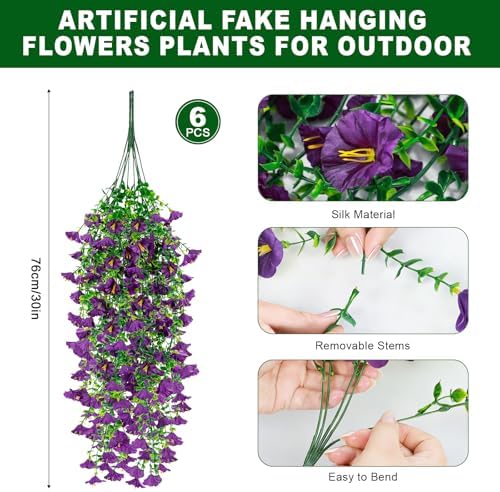 6 Pcs Artificial Hanging Flowers 30 Inch Purple Lavender Violet Morning Glory Vines UV Resistant Fake Hanging Plants Silk Hanging Flowers for Outdoor Spring Summer Garden Window Box Decor - Image 2