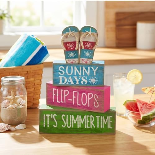 Lineshading 4 Pcs Flip Flop Beach Summer Wooden Block Signs Table Decor - Image 6
