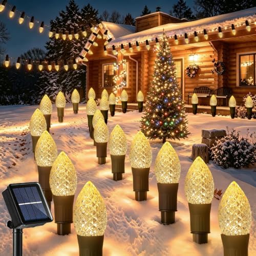 Huacenmy Solar Christmas Pathway Lights Outdoor, 20 LED C9 With 20 Stakes, 23FT Decorations Strawberry String for Roof Yard Patio Walkway Driveway, Warm White by Huacenmy