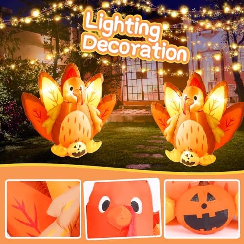 5FT Halloween & Thanksgiving Inflatable Turkey&Pumpin,with Built-in LED Lights, Outdoor/Indoor Seasonal Decoration with Pumpkin, Yard Lawn Garden Holiday Blow-Up Decor - Image 4