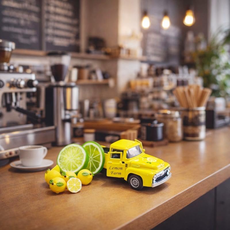 Lemon Farm Truck Decor with 8 Faux Lemons, 5.7 Inch Vintage Yellow Metal Pickup Truck, Spring Summer Farmhouse Kitchen Tabletop Tiered Tray Shelf Mantel Centerpiece Home Decoration,1Set - Image 5