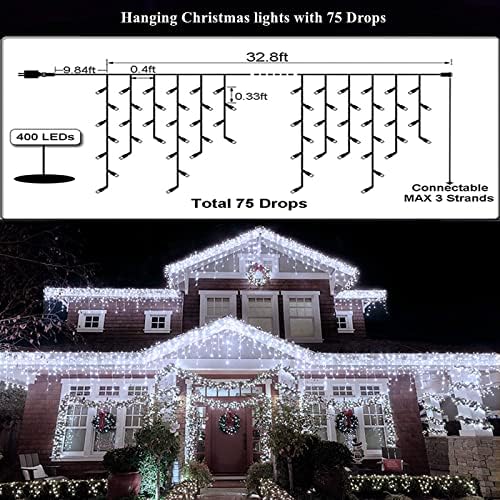 Led Christmas Lights Outdoor Christmas Decorations Hanging Light 400LED 8 Modes 75 Drops, Waterproof Outdoor Indoor Fairy Christmas Lights for Party, Holiday, Wedding, Eaves Decorations (CoolWhite) - Image 4