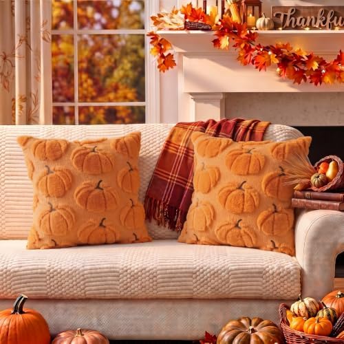 Fall Pillow Covers Pumpkin Fall Decor 18x18 Set of 2 Orange - Image 7