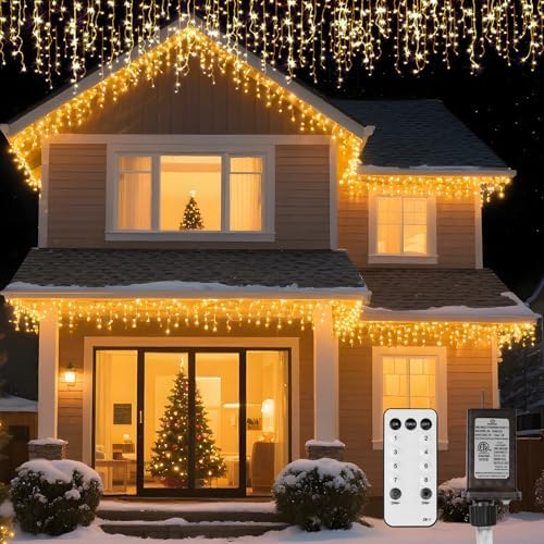 LED Icicle Lights for Outdoor Christmas Decorations,118Ft 1200 LEDs Christmas Fairy Light with Timer&Memory Function,8 Lighting Modes,Plug in hanging Curtain Lights for Xmas Party Wedding(Warm White) by TOPPORTED
