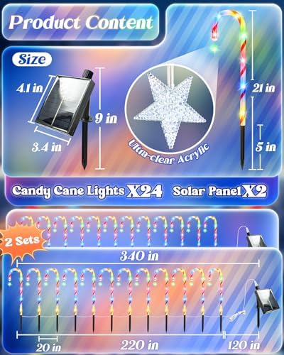 Anordsem Solar Christmas Decorations Outdoor: 21" Candy Cane Lights with Star 24 Pack - Waterproof LED 8 Colorful Lighting Models for Yard Pathway Xmas Decor - 2026 New Year Gifts for Homeowners - Image 3