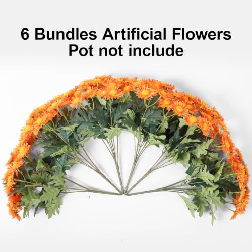 HyeFlora Artificial Fall Faux Mums Flowers Outdoor Plants for Decoration, 6 Bundles Fake Silk Orange Gerbera Daisy Flowers UV Resistant Look Real for Planter Outside Front Door Porch Patio Balcony - Image 4