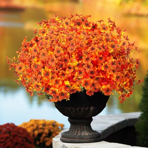 Grunyia 16 Bundles Artificial Fall Flowers for Outdoors Fake Plants UV Resistant Plastic Plants Shrubs Bushes for Home Fall Front Door Porch Garden Autumn Decor (Fall Orange) - Image 3