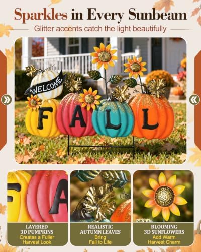 Fall Outdoor Decorations - Metal Pumpkin Yard Stakes with Fall Letters & Sunflower, Cozy Rustic Farmhouse Thanksgiving Outdoor Decor for Front Porch Lawn Garden Patio - Image 2
