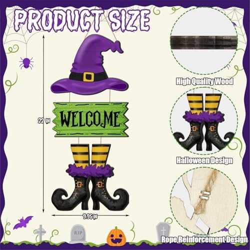 Halloween Door Sign Witch Wreath Decorations Witch Welcome Door Sign Hallowee Wooden Door Hanging Decorations Halloween Witchy Porch Sign for Front Door Porch Wall Decor - Image 3