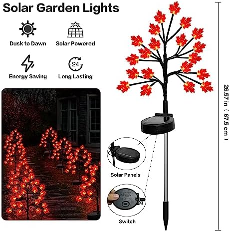 Fall Décor Solar Garden Lights for Outdoor Thanksgiving Decorations,2PACK 40LED RED Maple Leaves Path Lights,Autumn Harvest Outdoor Decorations,Solar Fall Lights for Thanksgiving Party Decor - Image 7