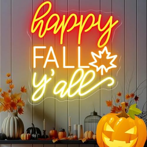 Happy Fall Y'all Neon Sign for Fall Decor, 1Pc Hanging Chain,14.9x14.9In by HFHungkeong