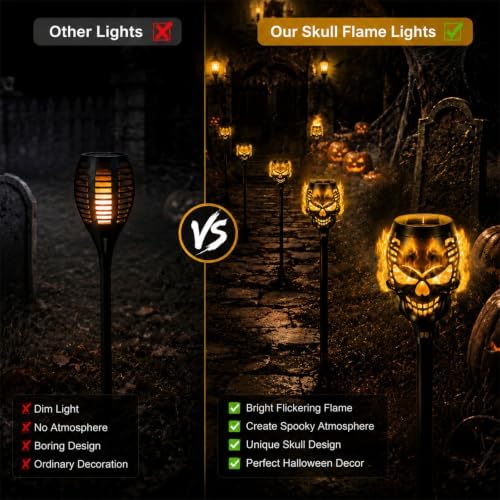 8 Pack Solar Halloween Lights Outdoor, Flickering Flame Skull Torches, Waterproof Purple Solar Lights for Yard, Spooky Skull Pathway Lights for Halloween Outdoor Decorations (Yellow) - Image 3