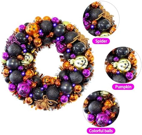 HipTree 13.8 Inch Halloween Ball Wreath for Front Door with Lights - Image 2