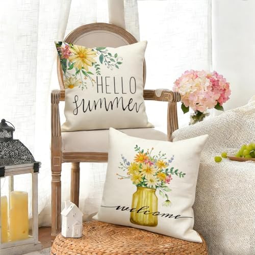 RABUSOFA Daisy Floral Vase Hello Summer Pillow Covers Set of 4,Seasonal Yellow Striped Outdoor Decorative Cushion Case Summer Decorations for Home Decor 18x18 Inch - Image 4