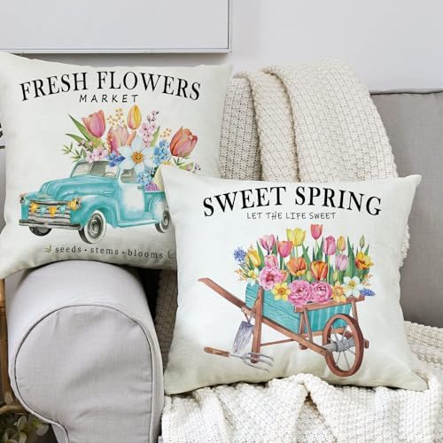 Spring Outdoor Throw Pillow Covers 18x18 Set of 4 Porch Decorative Cushion Cases Floral Farmhouse Flowers Decoration Home Decor for Sofa Couch Bed,Tulips Aqua Teal - Image 3