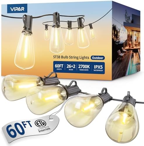 VIPAR Outdoor String Lights, 60FT LED Patio Lights Waterproof 28 ST38 Bulbs by VIPARSPECTRA