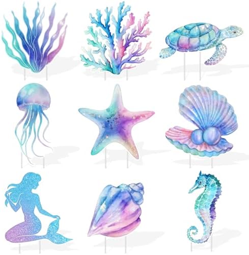 9Pcs Mermaid Party Birthday Party Yard Signs with Stand,Under The Sea Party Supplies for Outdoor Lawn Patio Garden Stand Decor,Large Ocean Theme Birthday Party by Fjoron
