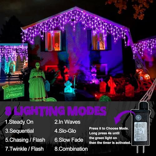YiYLunneo Halloween Icicle Lights Outdoor, 512 LED 46.5 FT 8 Lighting Modes with Timer & Memory, Curtain Fairy String Lights with 96 Drops for Halloween Decorations Holiday Party Eaves Yard (Purple) - Image 4