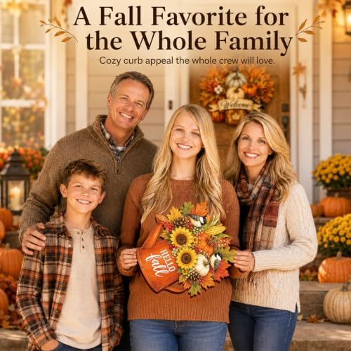 Fall Door Wreath, Wooden Hello Fall Sign, Pumpkin Welcome Sign for Door - Image 6